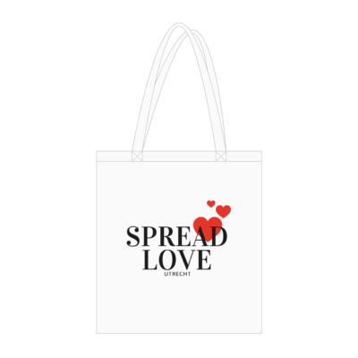 witte linnen tas met de opdruk: spread love utrecht en een paar rode hartjes