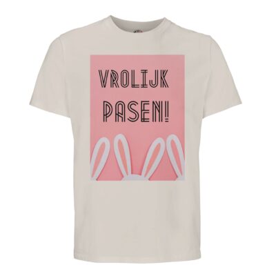 t-shirt vrolijk pasen. Leuk om cadeau te geven voor pasen. In diverse pastelkleuren off white