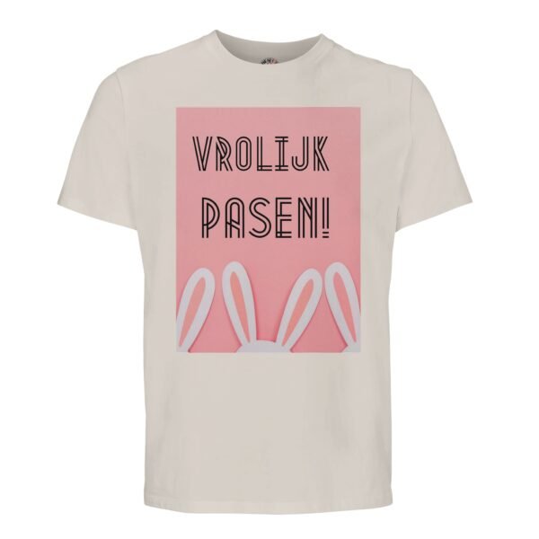 t-shirt vrolijk pasen. Leuk om cadeau te geven voor pasen. In diverse pastelkleuren off white