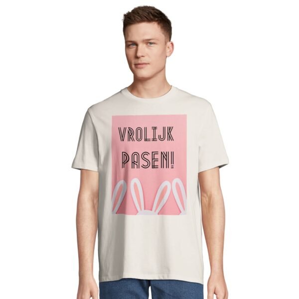 t-shirt vrolijk pasen. Leuk om cadeau te geven voor pasen. In diverse pastelkleuren