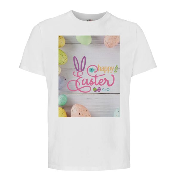 t-shirt happy easter ofwel vrolijk pasen. Leuk om cadeau te geven voor pasen. In diverse pastelkleuren wit
