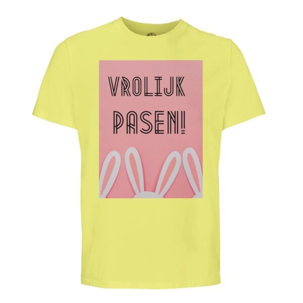 t-shirt vrolijk pasen. Leuk om cadeau te geven voor pasen. In diverse pastelkleuren geel