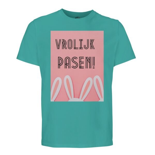 t-shirt vrolijk pasen. Leuk om cadeau te geven voor pasen. In diverse pastelkleuren
