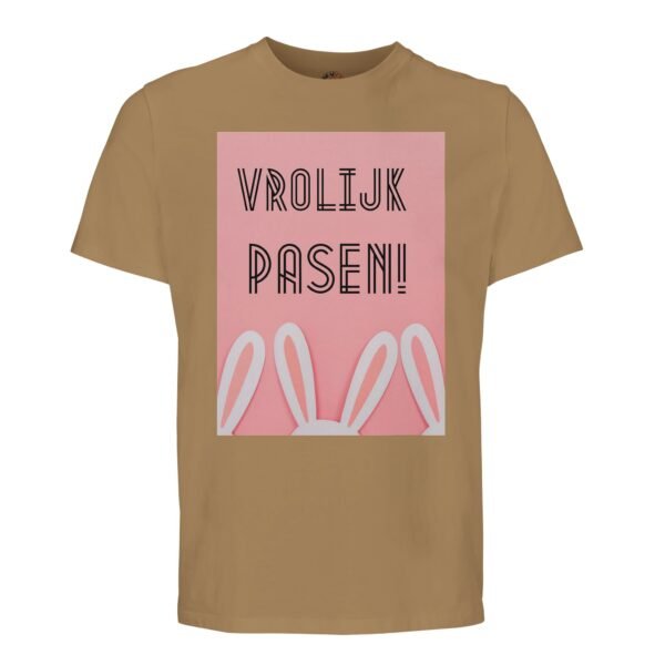 t-shirt vrolijk pasen. Leuk om cadeau te geven voor pasen. In diverse pastelkleuren bruin