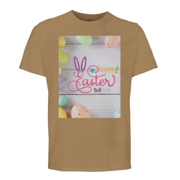 t-shirt happy easter ofwel vrolijk pasen. Leuk om cadeau te geven voor pasen. In diverse pastelkleuren bruin