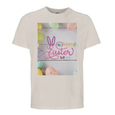 t-shirt happy easter ofwel vrolijk pasen. Leuk om cadeau te geven voor pasen. In diverse pastelkleuren offwhite print