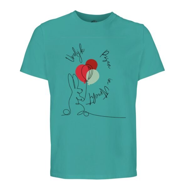 t-shirt vrolijk pasen in utrecht, konijn met ballonnen. Leuk om cadeau te geven voor pasen of verjaardag. In groentint