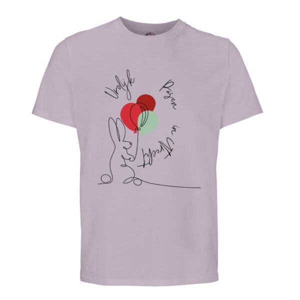 t-shirt vrolijk pasen in utrecht, konijn met ballonnen. Leuk om cadeau te geven voor pasen of verjaardag. In lila