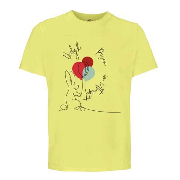 t-shirt vrolijk pasen in utrecht, konijn met ballonnen. Leuk om cadeau te geven voor pasen of verjaardag. In geel