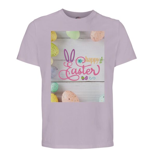 t-shirt happy easter ofwel vrolijk pasen. Leuk om cadeau te geven voor pasen. In diverse pastelkleuren paars