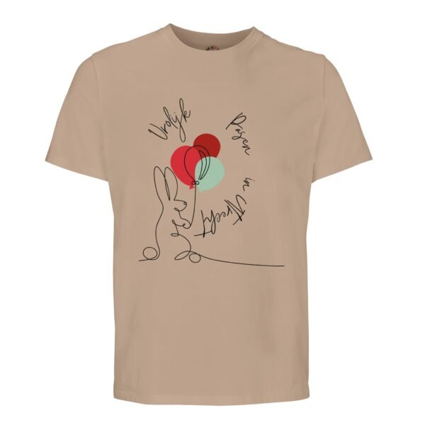 t-shirt vrolijk pasen in utrecht, konijn met ballonnen. Leuk om cadeau te geven voor pasen of verjaardag. In kaki