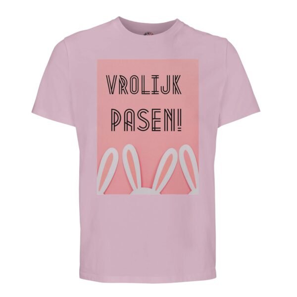 t-shirt vrolijk pasen. Leuk om cadeau te geven voor pasen. In diverse pastelkleuren roze