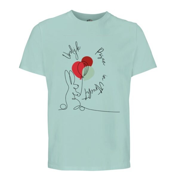 t-shirt vrolijk pasen in utrecht, konijn met ballonnen. Leuk om cadeau te geven voor pasen of verjaardag. In groen