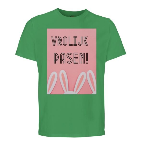 t-shirt vrolijk pasen. Leuk om cadeau te geven voor pasen. In diverse pastelkleuren groen