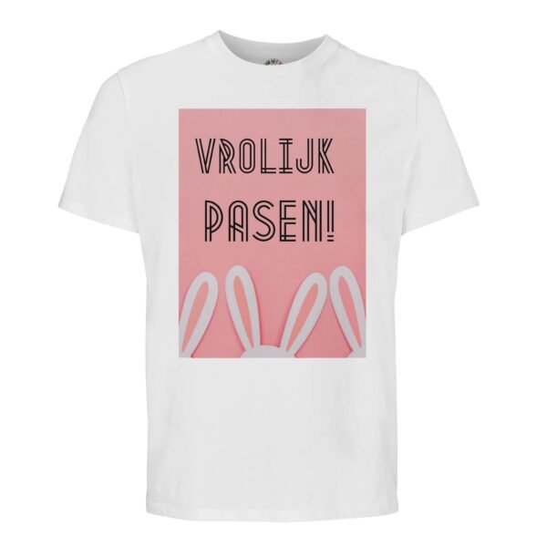 t-shirt vrolijk pasen. Leuk om cadeau te geven voor pasen. In diverse pastelkleuren wit