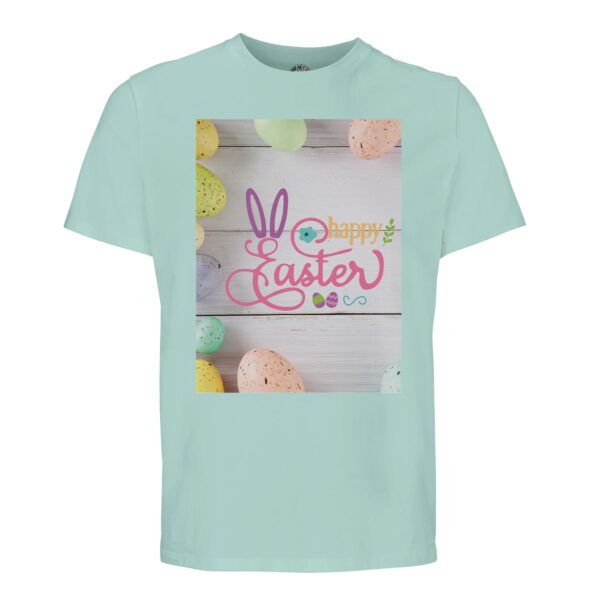 t-shirt happy easter ofwel vrolijk pasen. Leuk om cadeau te geven voor pasen. In diverse pastelkleuren mint
