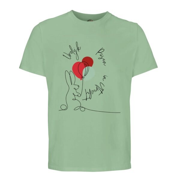 t-shirt vrolijk pasen in utrecht, konijn met ballonnen. Leuk om cadeau te geven voor pasen of verjaardag. In groen