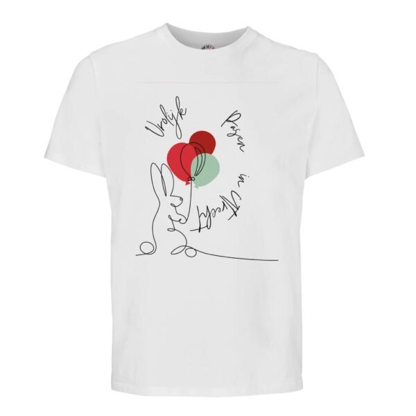 t-shirt vrolijk pasen in utrecht, konijn met ballonnen. Leuk om cadeau te geven voor pasen of verjaardag. In wit