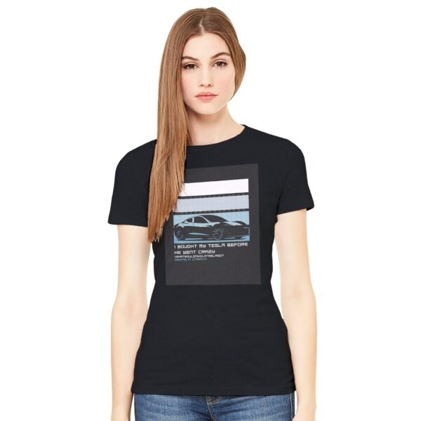 zwart t-shirt met opdruk: I bought my tesla before he went crazy. Nicolas tesla. Driving in Utrecht zwart T-shirt met blauwe opdruk van een tesla.