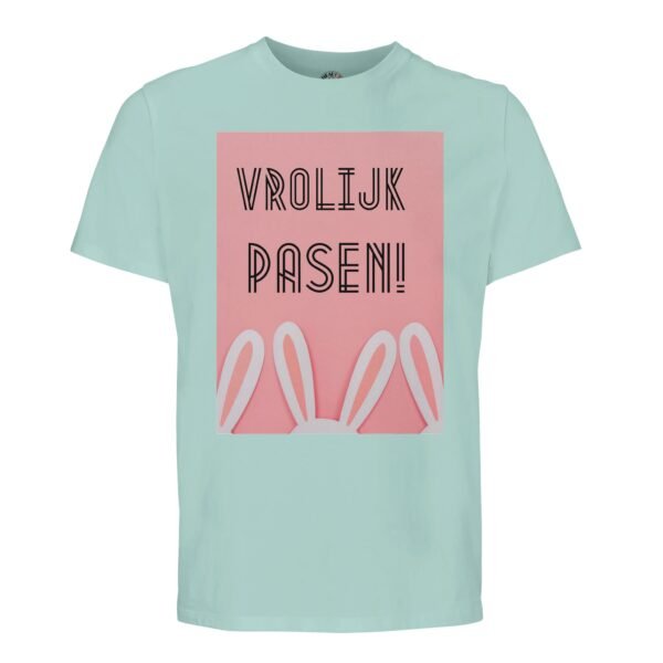 t-shirt vrolijk pasen. Leuk om cadeau te geven voor pasen. In diverse pastelkleuren mint