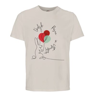 t-shirt vrolijk pasen in utrecht, konijn met ballonnen. Leuk om cadeau te geven voor pasen of verjaardag. In off white / cremekleurig