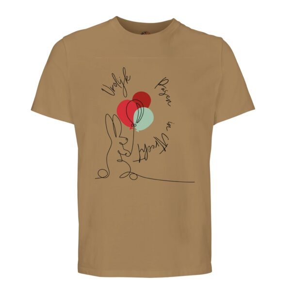 t-shirt vrolijk pasen in utrecht, konijn met ballonnen. Leuk om cadeau te geven voor pasen of verjaardag. In licht bruin