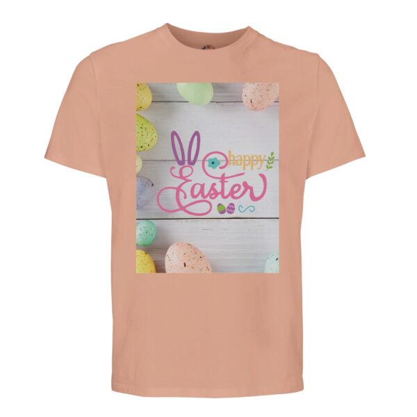t-shirt happy easter ofwel vrolijk pasen. Leuk om cadeau te geven voor pasen. In diverse pastelkleuren perzik