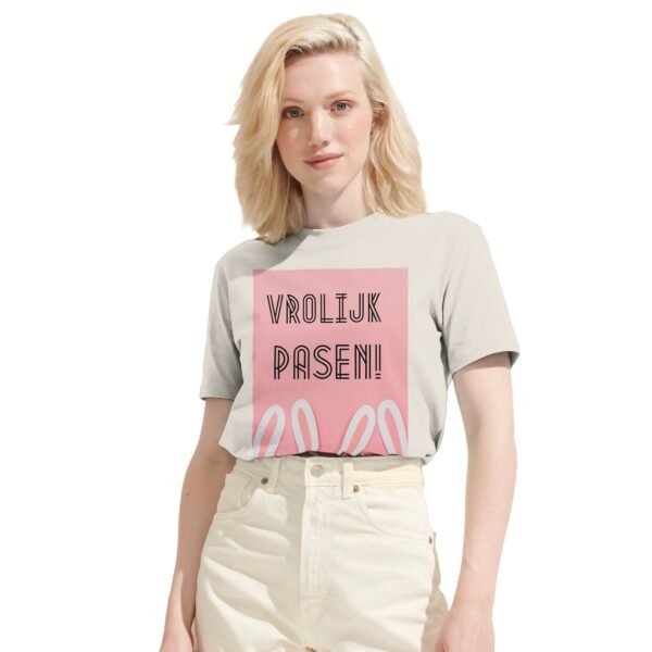 t-shirt vrolijk pasen. Leuk om cadeau te geven voor pasen. In diverse pastelkleuren