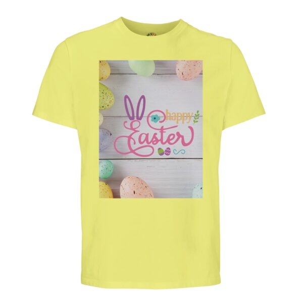 t-shirt happy easter ofwel vrolijk pasen. Leuk om cadeau te geven voor pasen. In diverse pastelkleuren geel