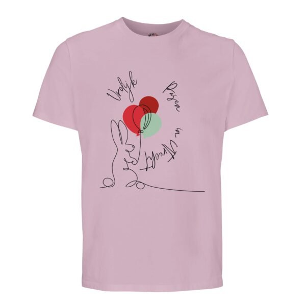 t-shirt vrolijk pasen in utrecht, konijn met ballonnen. Leuk om cadeau te geven voor pasen of verjaardag. In roze