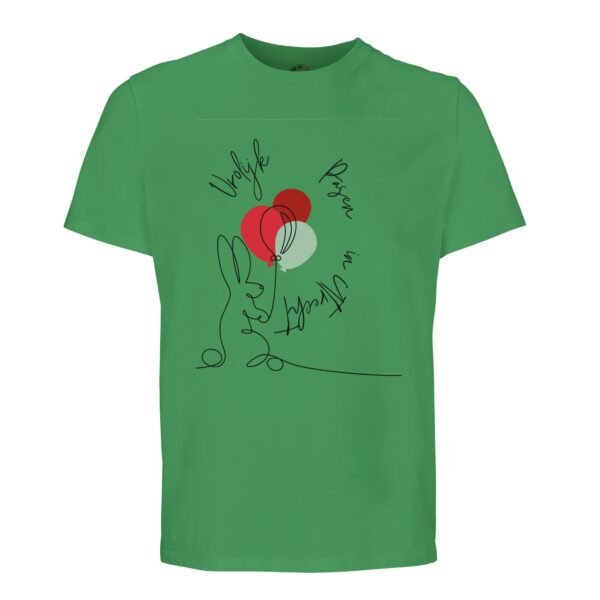 t-shirt vrolijk pasen in utrecht, konijn met ballonnen. Leuk om cadeau te geven voor pasen of verjaardag. In groen
