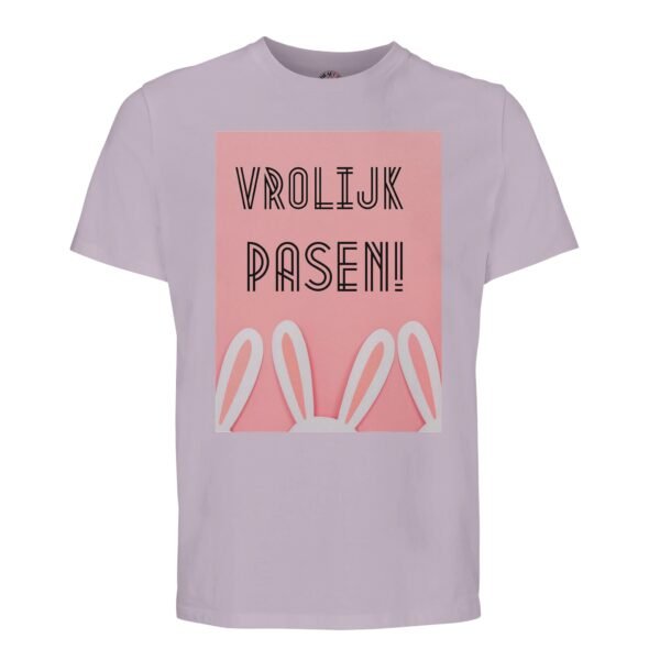 t-shirt vrolijk pasen. Leuk om cadeau te geven voor pasen. In diverse pastelkleuren paars lila
