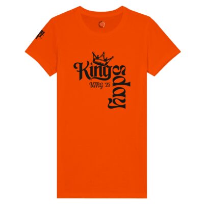 Oranje t-shirt met zwarte opdruk Kingsdagy '25 in Utrecht