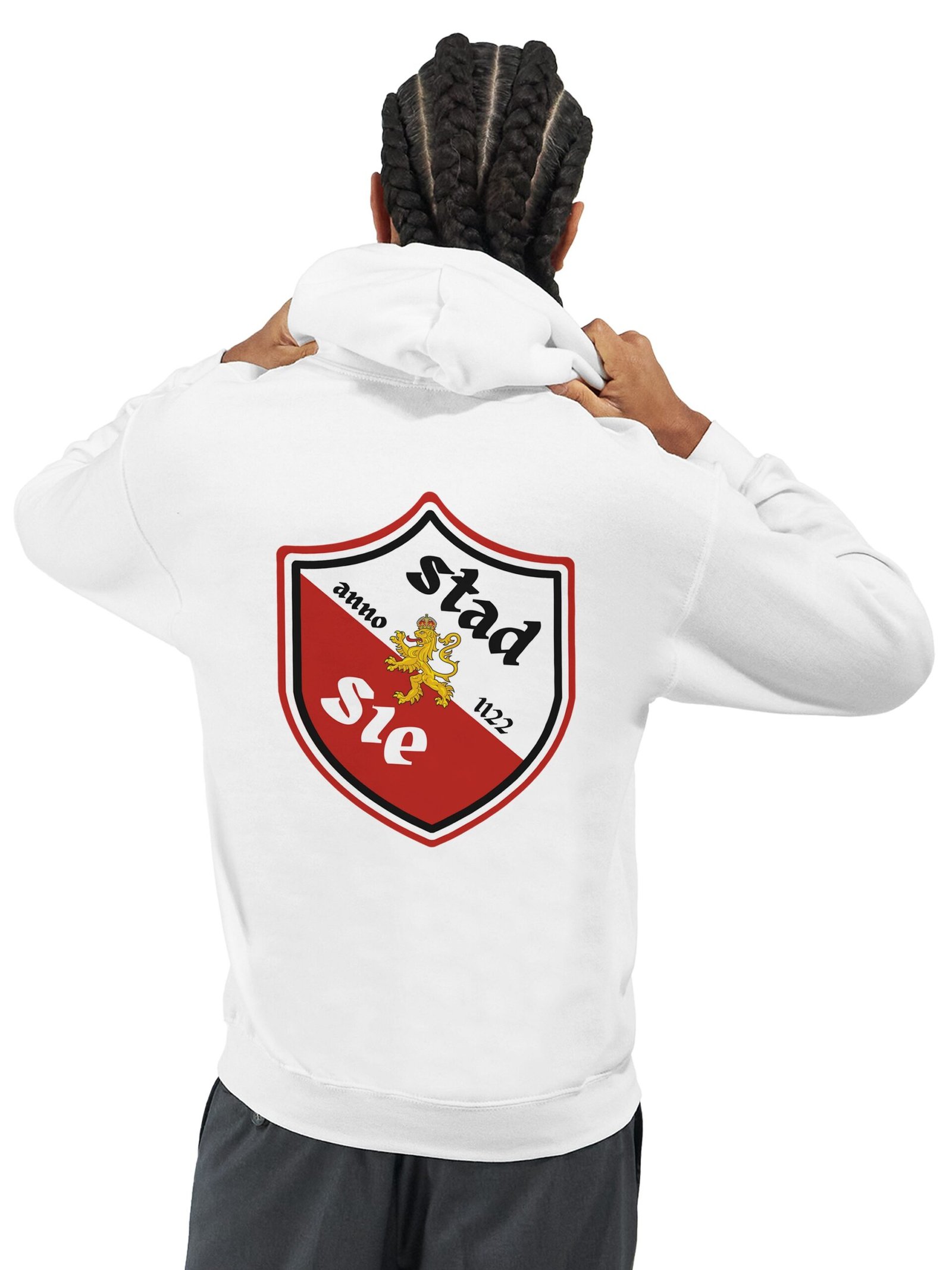 Hoodie Utreg anno 1122 met schild Stadsie op de achterkant in het wit