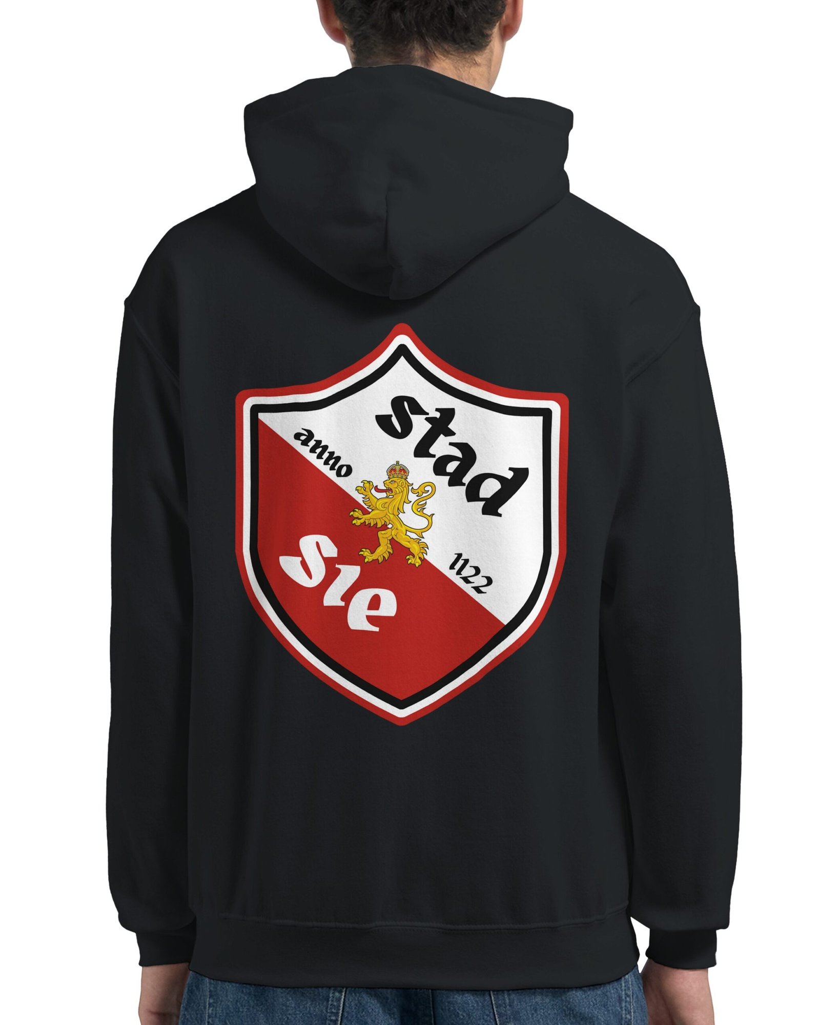 Hoodie Utreg anno 1122 met schild Stadsie op de achterkant in het zwart