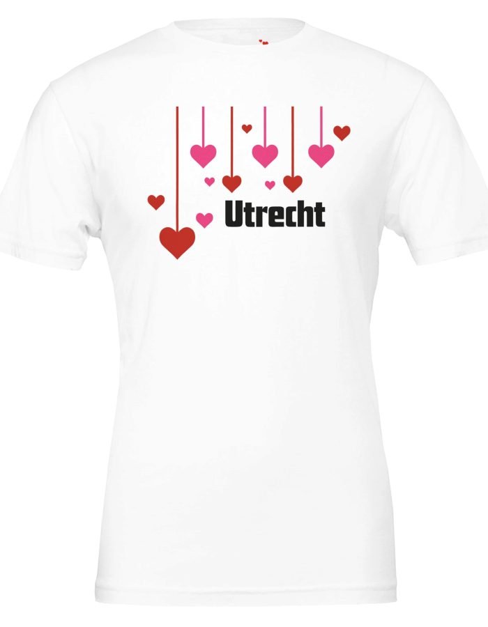 Premium Unisex Crewneck T-shirt print opdruk Utrecht en rood en roze hangende hartjes